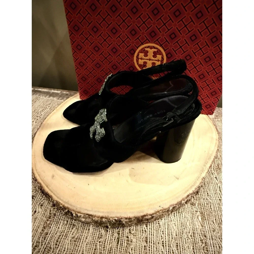 Tory Burch Eleanor Pave Heel Sandal in Black Velvet‎ Leather Rt-428$ Sz-9.5